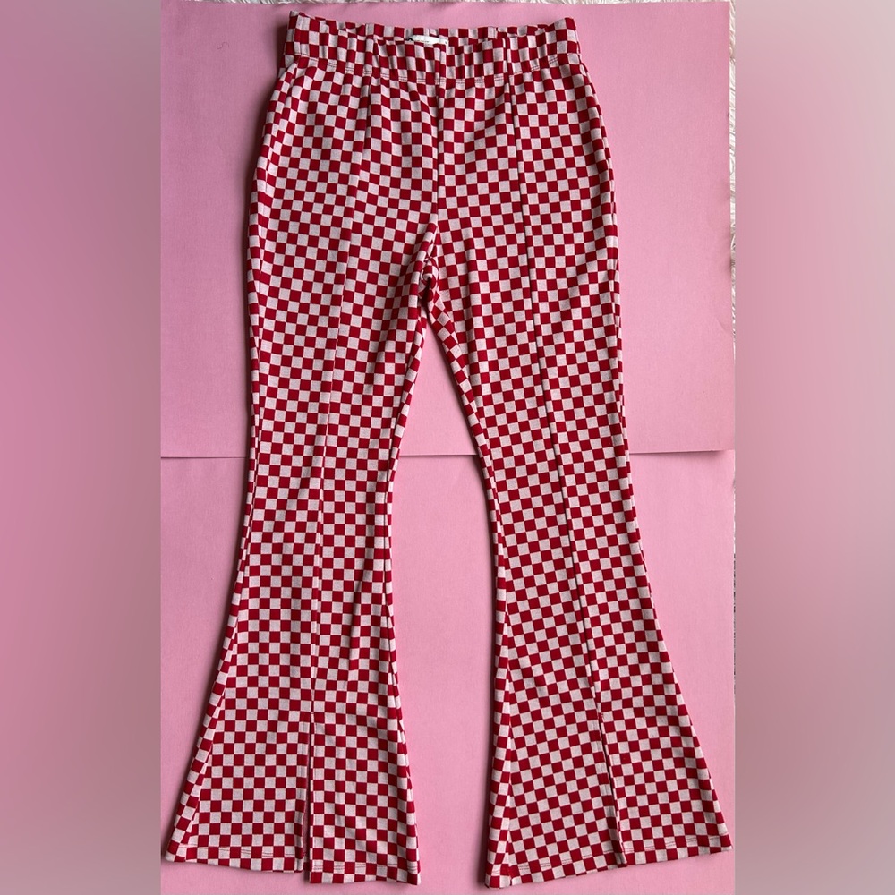 SO Goods For Life Pastel Cherry Checkered High Rise Flared Stretch Trouser Pants